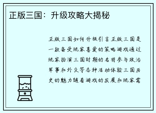 正版三国：升级攻略大揭秘